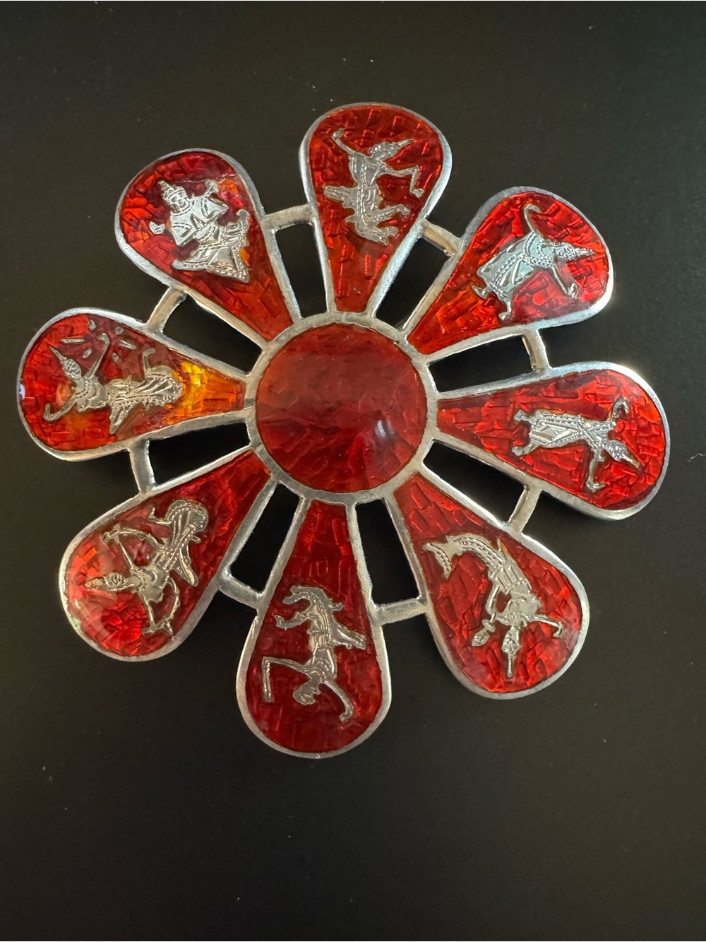 Vintage Siam Sterling Silver Red Guilloché Enamel Thai Dancer Sunburst Brooch